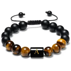 2023 Hot Selling 26 Letter Bracelet 10mm Natural Tiger Eye Stone Bracelet Hand-woven Frosted Stone Beaded Bracelet