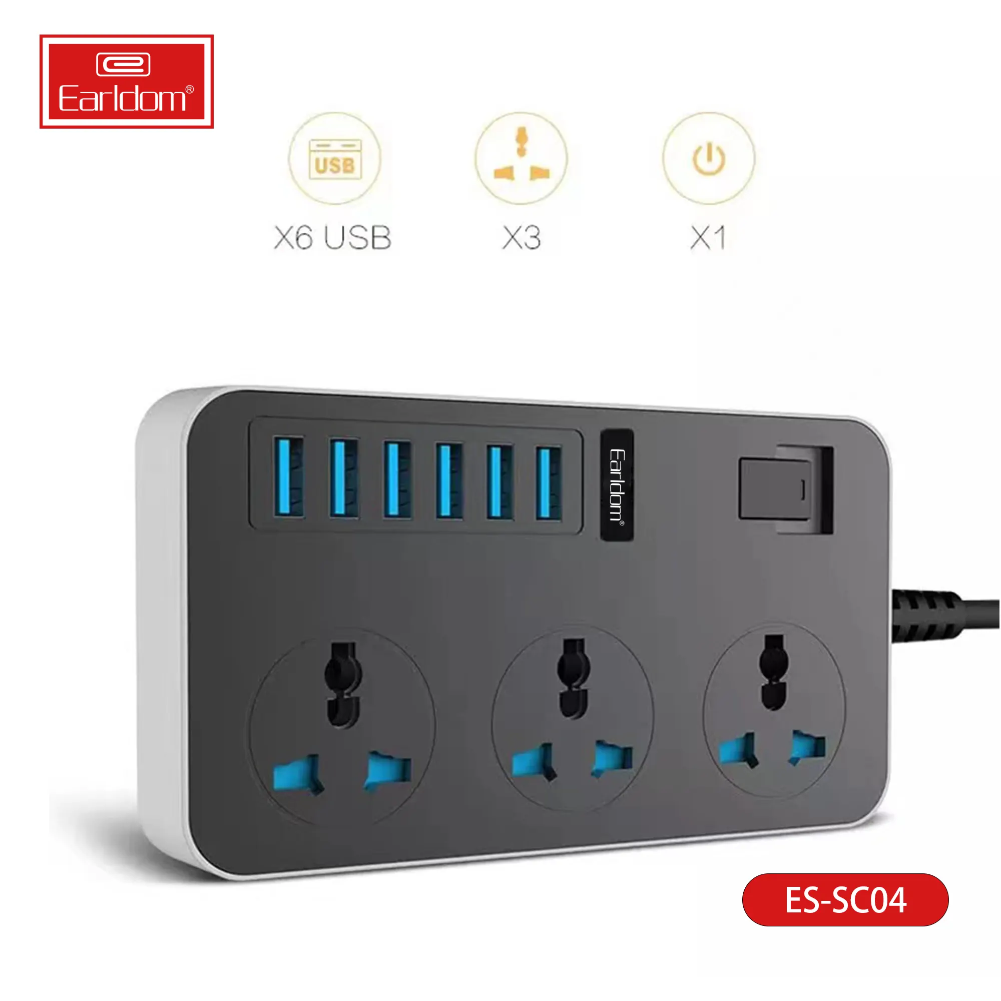 EARLDOM smart power socket plug UK EU US type power socket plug 3 AC 6 USB quick charging extension socket