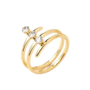 德国个性化饰品钛钢三层戒指三钻戒指女式不锈钢18k黄金饰品