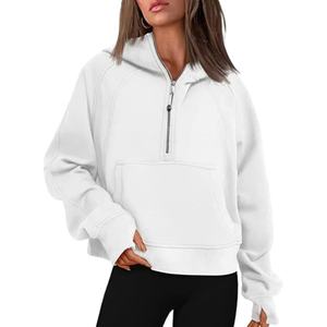 Sudadera con Capucha Deportiva de Alta Calidad Personalizada para Mujer, Sudadera Corta Holgada Negra de Felpa Gruesa con Media Cremallera para Mujer - Product Image 3