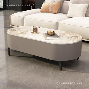 Table basse ovale moderne avec plateau en marbre gris, meuble de salon au design minimaliste, idéale pour les petits appartements - Product Image 1