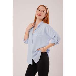 Camisas Casuales al por Mayor para Mujer, Azules, Extra Grandes, con Detalle de Bolsillo a Rayas, Blusas - Product Image 2