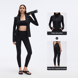 Completo Sportivo da Donna con Stampa a Pois Nera, Leggings e Giacca con Colletto Alto e Cerniera Dorata, Vestibilità <span class=keywords><strong>Slim</strong></span>, Abbigliamento da Palestra di Marca - Product Image 4