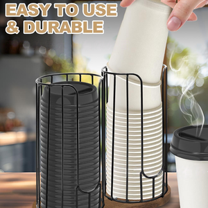 Dispensador de vasos de papel desechables de metal para encimera, organizador de estación de café, soporte para tapas, estante de almacenamiento con base de madera, venta al por mayor - Product Image 3