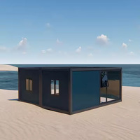 Maison de plage modulaire préfabriquée de luxe en acier avec façade vitrée, vue sur l'océan, assemblage rapide, cabane portable