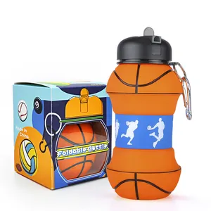 Silicone basketball Water Bottles Foldable Toddler Water Bottle Soccer Style with Trophy and Gift Box Water Jug for School,