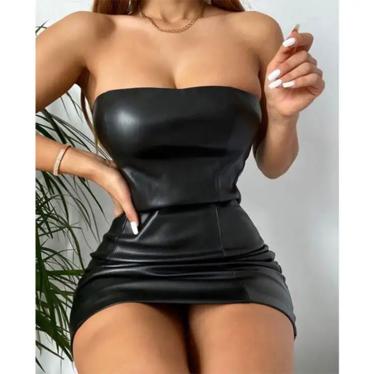 Hot Selling Fashion Sexy Women Sless Off Shoulder Leather Mini Dress