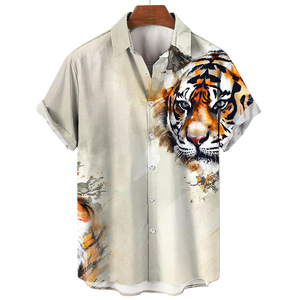 Nouveau style d'été T-shirt homme à manches courtes col rabattu vintage extensible quatre directions motif tigre coupe ample anti-humidité - Product Image 1
