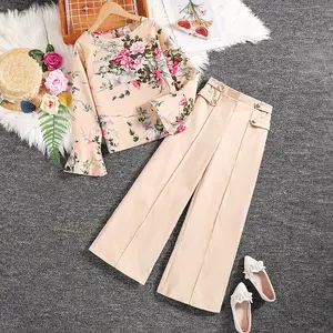 Hot Selling Girls' Spring New Arrival 8-12 Years Old Clothing Printed Long Sleeve Shirts+Long Pants Girls Clothes Set