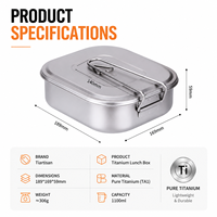 Boîte à lunch en titane pour l'extérieur, 1100 ml, récipient alimentaire pour le camping, boîte de rangement avec poignée pliable, boîte à repas pour la randonnée, OEM ODM