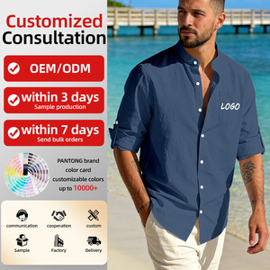 Camicie da <span class=keywords><strong>uomo</strong></span> in <span class=keywords><strong>lino</strong></span> a maniche lunghe con colletto alla coreana, polsini regolabili, tasca sul petto, traspiranti, leggere, ideali per le vacanze, personalizzabili OEM - Product Image 1