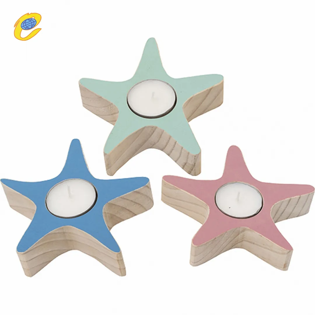 Mediterranean Style Holiday Decoration Star Fish Shaped Wooden Tealight Candle Holder Wood Candle Base