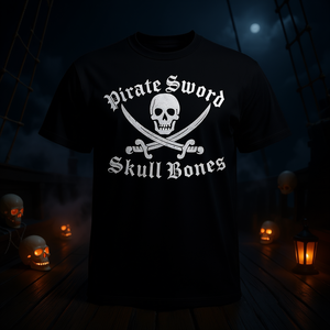 T-shirt d'Halloween unisexe noir à col rond et manches courtes, motif Pirate Sword Skull Bones, sérigraphié - Product Image 3