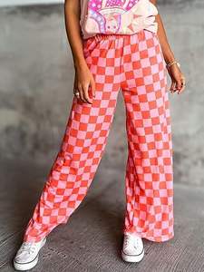 Trendy High Waisted Checkerboard Print Pants Soft Breathable Elastic Waist Wide Leg <strong>Trousers</strong> for Women - Product Image 4