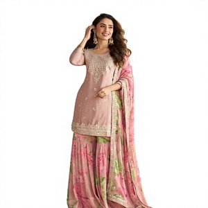 Ensemble palazzo pour femme Noor-e-Zar, broderie traditionnelle Bhandhani, séchage rapide, longueur au sol, pour les occasions de fête - Product Image 1