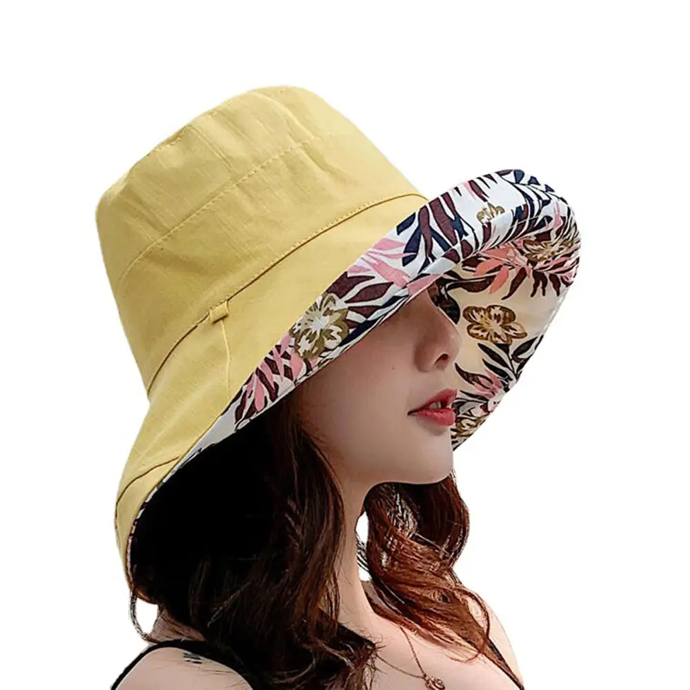 Women Hat Wholesale Fashion Custom Logo Wide Brim Reversible Sun Cotton Printed Bucket Hat For Women