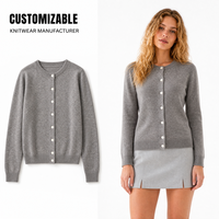Damen Strickjacke mit Knopfleiste, Rundhalsausschnitt, Langen Ärmeln und Geripptem Saum in Einfarbigem Grau
