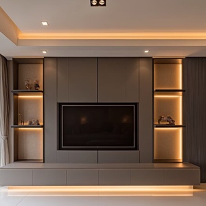 <span class=keywords><strong>Meuble</strong></span> <span class=keywords><strong>TV</strong></span> intégré <span class=keywords><strong>gris</strong></span> moderne avec éclairage LED, unité de rangement murale pour la décoration contemporaine du salon - Product Image 1