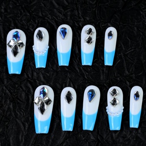 Uñas postizas de lujo acrílicas con estrellas y pedrería, de cobertura completa, hechas a mano, color azul ataúd, precio de fábrica al por mayor - Product Image 2