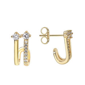 Pendientes Blancos de Doble Capa, Diseño Hueco en Oro Genuino de 18K, con Circonitas Blancas, Unisex, Gran Venta - Product Image 4