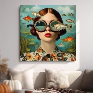 Quadro su Tela con Donna che Vede Pesci Sottoacquei con Occhiali, <span class=keywords><strong>Arte</strong></span> Murale Fantastica Subacquea, Moderno <span class=keywords><strong>Surrealismo</strong></span> - Product Image 5