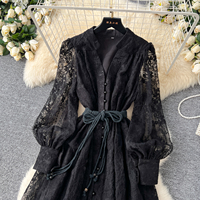 Robe longue décontractée élégante pour femme, en dentelle brodée, col en V, manches lanternes, coupe trapèze, avec ceinture, idéale pour le quotidien et les vacances