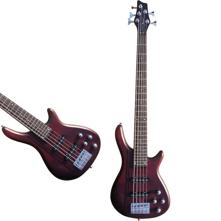 High quality Cheap five strings brown color electric bass 5 string bass guitar from china factory