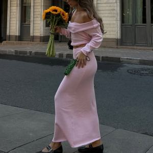 Nuevo Conjunto de Punto de la Serie Primavera, Top Corto Sexy de Un Hombro, Falda Casual Elástica de Cintura Alta para Mujer, Conjunto de Punto de Algodón Sexy - Product Image 2