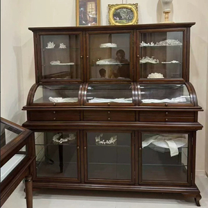 ארון תצוגה לסלון מעץ מלא בסגנון רטרו עתיק, רב תכליתי, עם זכוכית קמורה ועיצוב שקוף בצבע ירקן לתכשיטים - Product Image 6