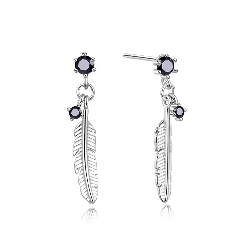 RINNTIN SE186 unique feather arete 925 Sterling silver black zirconia earrings for women