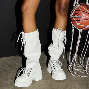 Women Low Chunky Heels Knee High Boots Thick Sole Round Toe Long Booties Front <b>Lace</b> up Top Wide <b>Elastic</b> Cut Causal Shoes - Product Image 3