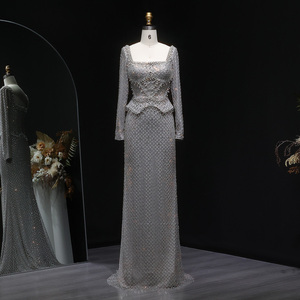 Abito da sera Sharon Said SS633 di lusso grigio Dubai con cristalli e <span class=keywords><strong>maniche</strong></span> <span class=keywords><strong>lunghe</strong></span>, abito da cerimonia formale da donna araba per matrimoni e feste - Product Image 1