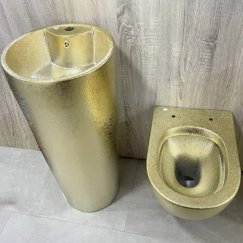 Pia de pedestal sanitária de uma peça, lavatório com suporte completo, cômoda monobloco dourado, material de decoração, unidade vasque