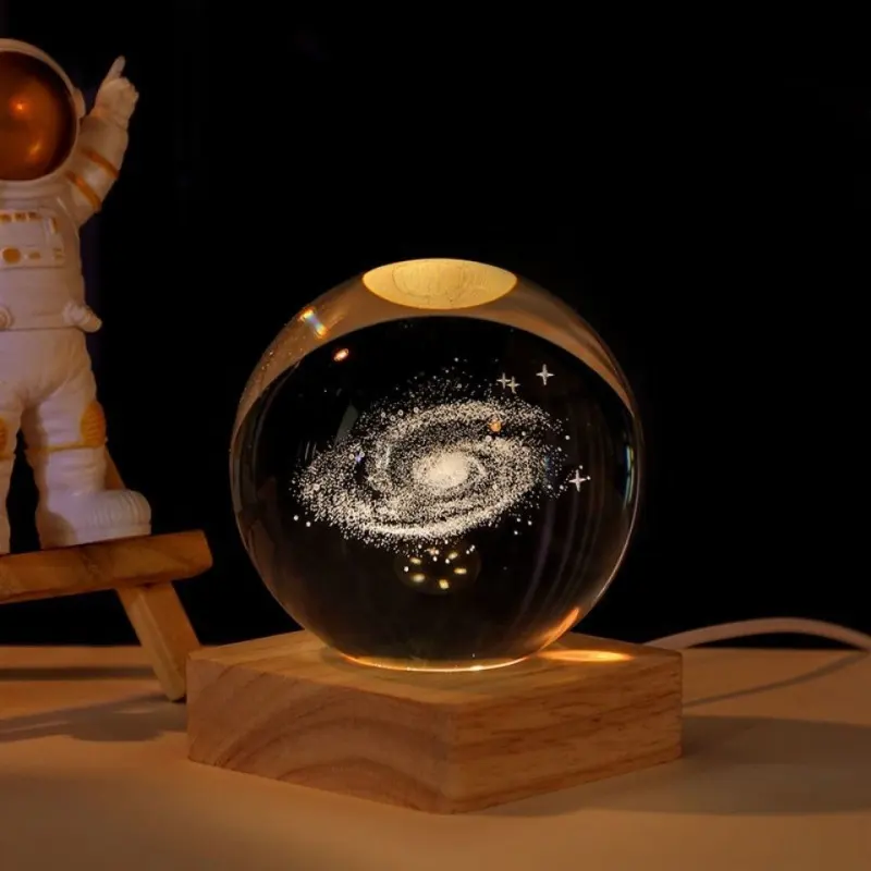 3D лазерная гравировка, солнечная система, Хрустальный Волшебный шар, стекло, гравировка Луны, ночной Галактический шар со светодиодной подсветкой, деревянная основа
