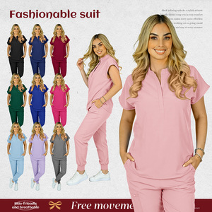 Women Scrub Set Pink Knitted Moisture Wicking Hospital Uniforms Split Set - Product Image 2