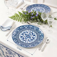 Assiette en plastique imitation porcelaine bleue et blanche, style chinois rétro, compatible micro-ondes, motif végétal, pour le commerce transfrontalier