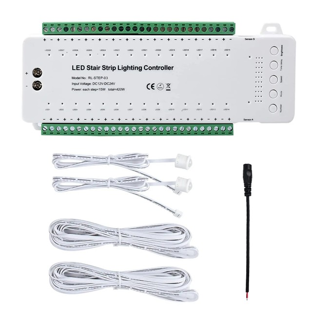 Automatic 28 Step Strip Smart Stairs Lighting Controller 12V 24V Motion Sensor PIR Light Staircase LED Controller System