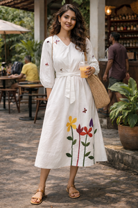 The Meadow Patch <b>Dress</b> 100% Cotton Woven Natural Waistline 3/4th Sleeves <b>Elasticated</b> Hems Floral Patch Embroidery Front & Back - Product Image 1
