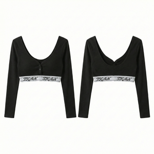 Vêtements de sport pour femmes à col en V et manches longues en tissu côtelé à séchage rapide, pour yoga, course, entraînement, gym, fitness et activités de plein air, vente en gros à prix bas - Product Image 3