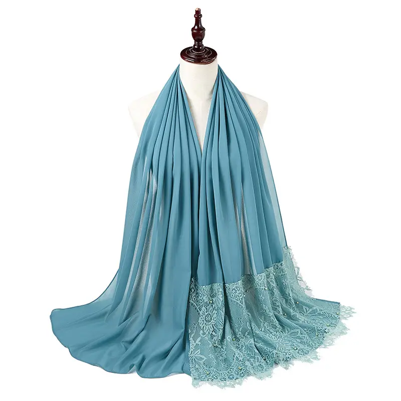 Stylish New Pearl Chiffon Lace Muslim Lady Jersey Scarf Hijab Extra Large Of Chiffon Solid Color Premium Diamond Jersey Scarf