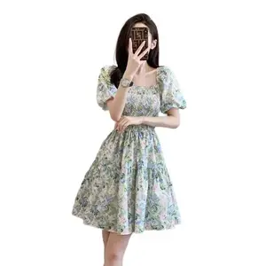 היביסקוס בד קנבוס עדין שמלה פרחונית 2023 נקבה הקיץ החדש קוריאני סגנון מותנים המרעה הראשון חצאית אהבה