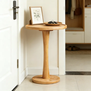 Mesa de Centro Japonesa Minimalista de Madera de Roble Macizo con Base Redonda Alta Tipo Tulipán, Estilo Zen Japandi, para Cafetería o Sala de Estar - Product Image 3