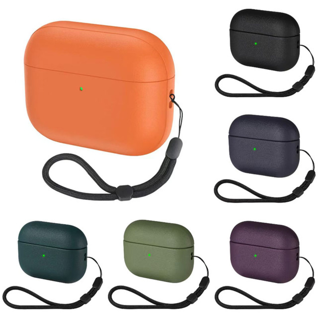 Leather Texture TPU Soft Case for AirPods Pro 3 / Pro 2 / AirPods 4, Shockproof Protective Cover with Lanyard