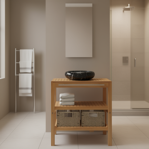 Mueble de Baño de Teca con Lavabo de Mármol Negro, Diseño Moderno de Pie - Product Image 2