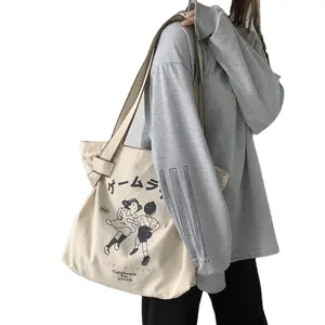 Mode japonaise et coréenne chic lettre lavé coton toile sac à bandoulière avec fermeture éclair sac fourre-tout dames sac à main sac à bandoulière