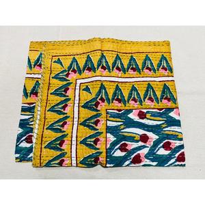 Hand Block Printed Cotton Kantha <b>Quilt</b> Bedspread Created With Layered Stitching And Vintage Inspired Design For Comfortable - Product Image 3