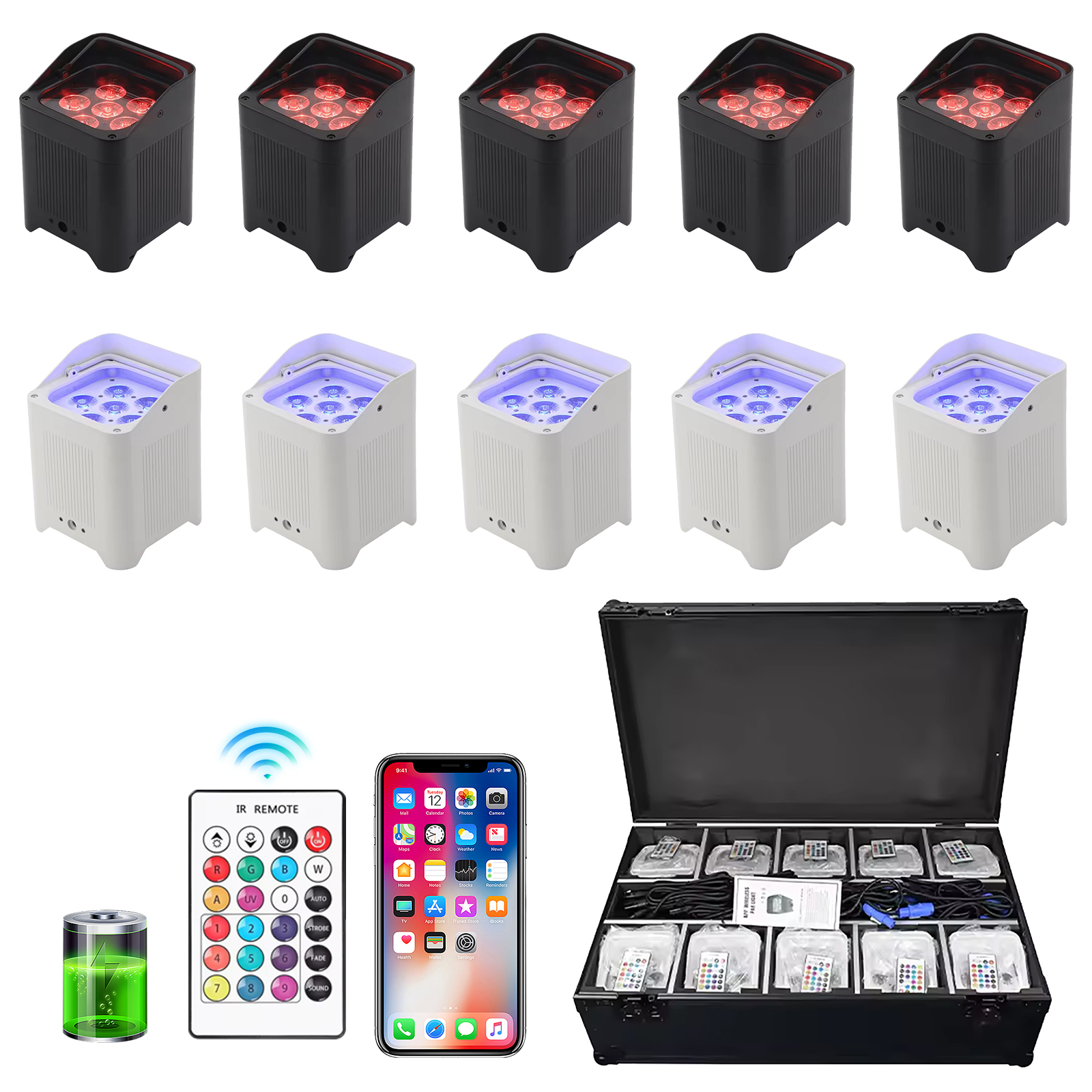 10pcs 6x18w LED RGBWA UV 6in1 Battery Powered Par Light with Flight Case DMX Wireless Battery Uplights for Dj Wedding Party