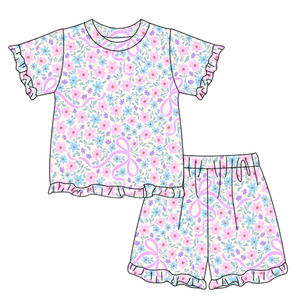 GSSO3320 Ensemble d'été personnalisé pour petite fille active, imprimé nœuds roses, tenue d'été pour enfants, vente en gros, ensemble short et manches courtes pour fille - Product Image 3