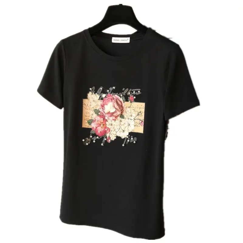 Perla apliques 3D cordón T camisas de algodón manga corta cuello en O mujer camisa Casual de Verano de 2020 de moda de señoras Tops ropa