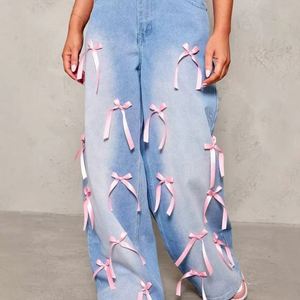 กางเกงยีนส์ผู้หญิงเอวสูงขากว้างโบว์ผีเสื้อ - Product Image 4